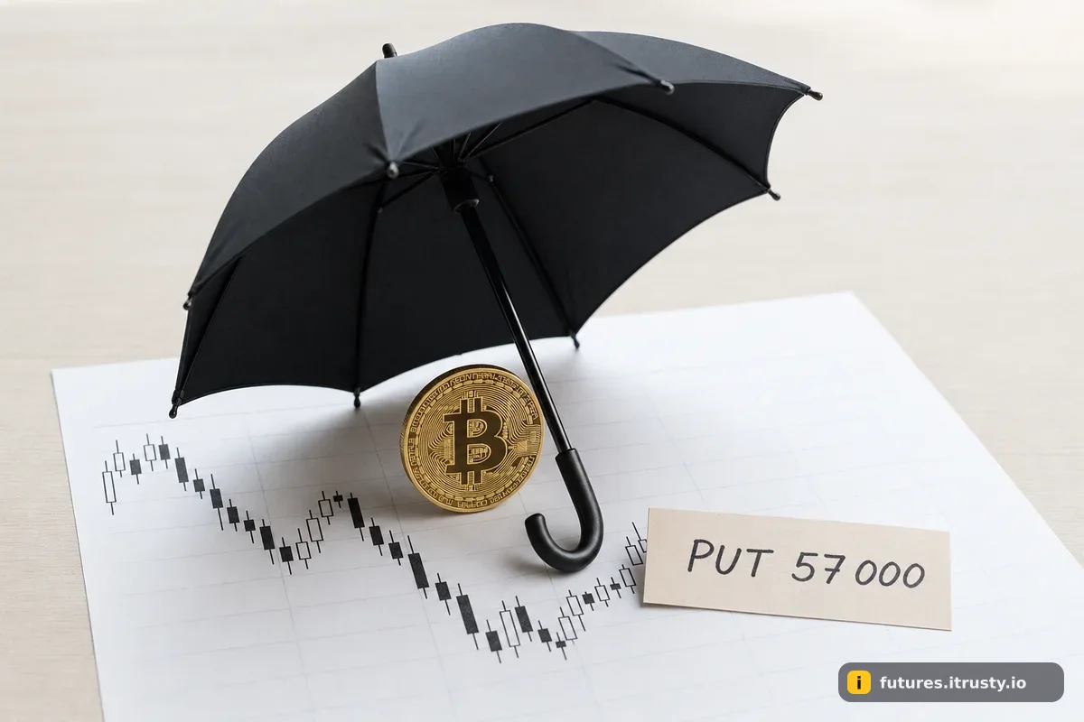 Зонт над золотой монетой биткоина на распечатанном графике и карточка с надписью PUT 57 000