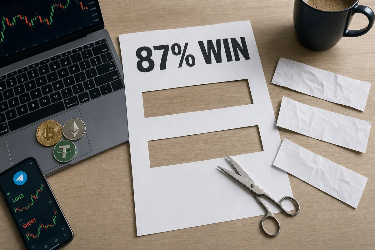Лист с крупной надписью 87% WIN, из которого ножницами вырезаны строки, рядом обрезки бумаги