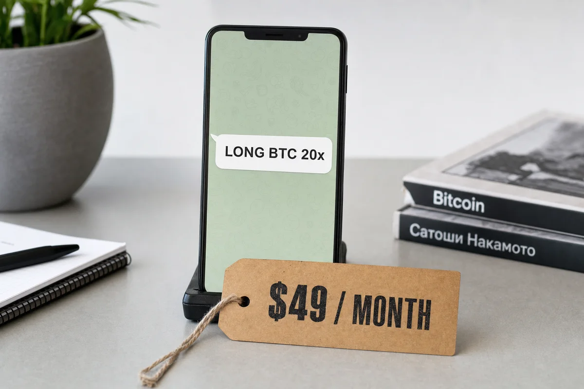 Телефон с сообщением-сигналом LONG BTC 20x и бумажный ценник с подписью 49 долларов в месяц