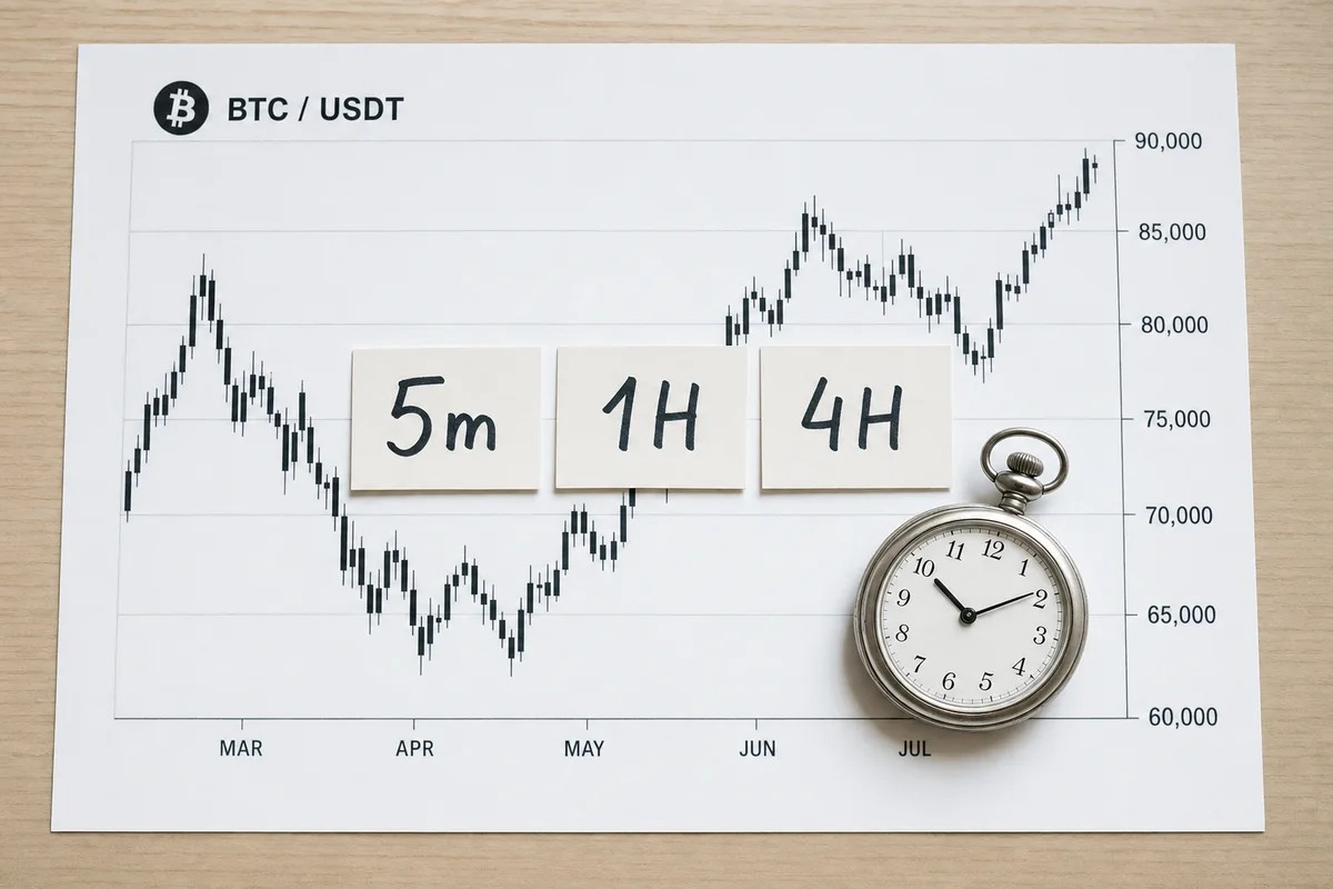 Распечатка свечного графика биткоина с бумажными бирками 5m, 1H, 4H и карманными часами