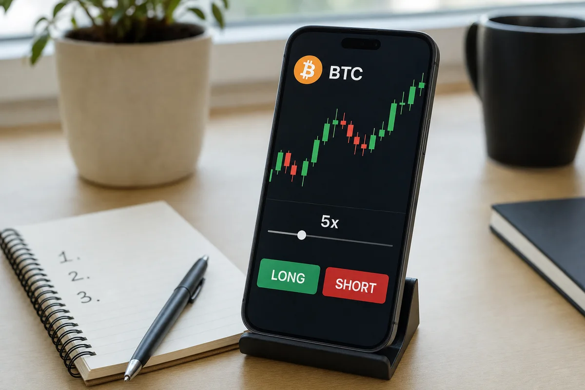 Телефон на подставке с торговым экраном: график биткоина, ползунок плеча 5x и кнопки LONG и SHORT