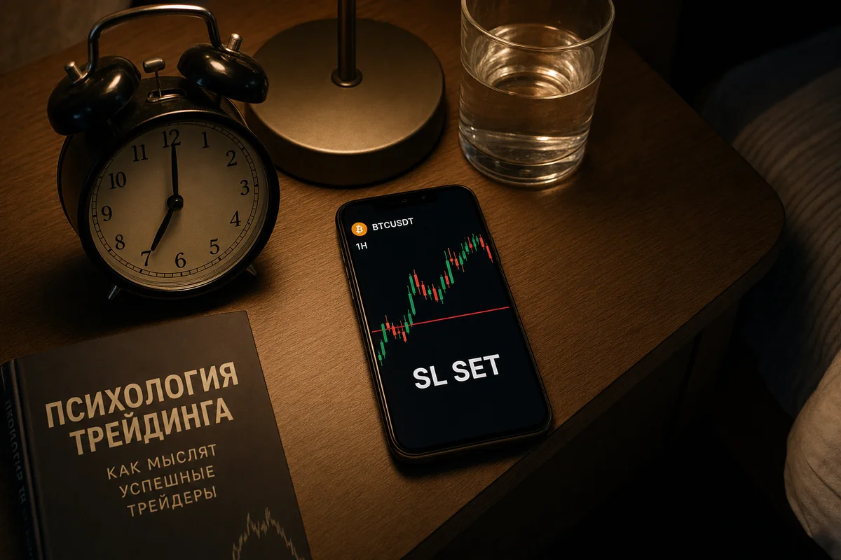 Телефон с надписью SL SET и красной линией стопа лежит ночью на тумбочке рядом с будильником