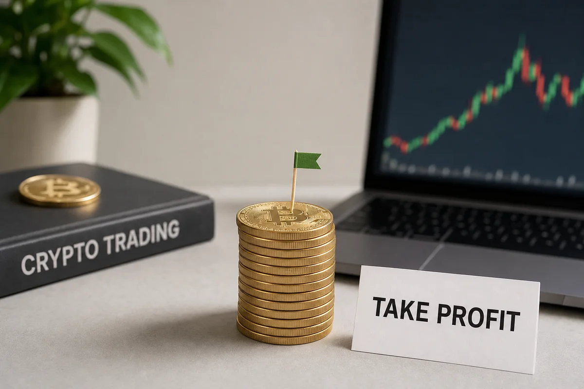 Зелёный флажок на вершине стопки биткоин-монет и карточка с надписью TAKE PROFIT