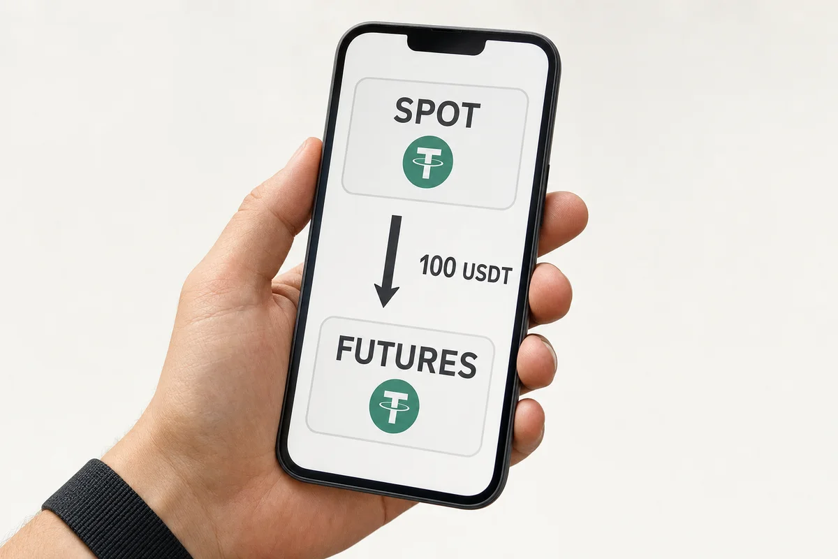 Экран телефона с простым переводом: из SPOT в FUTURES, сумма 100 USDT