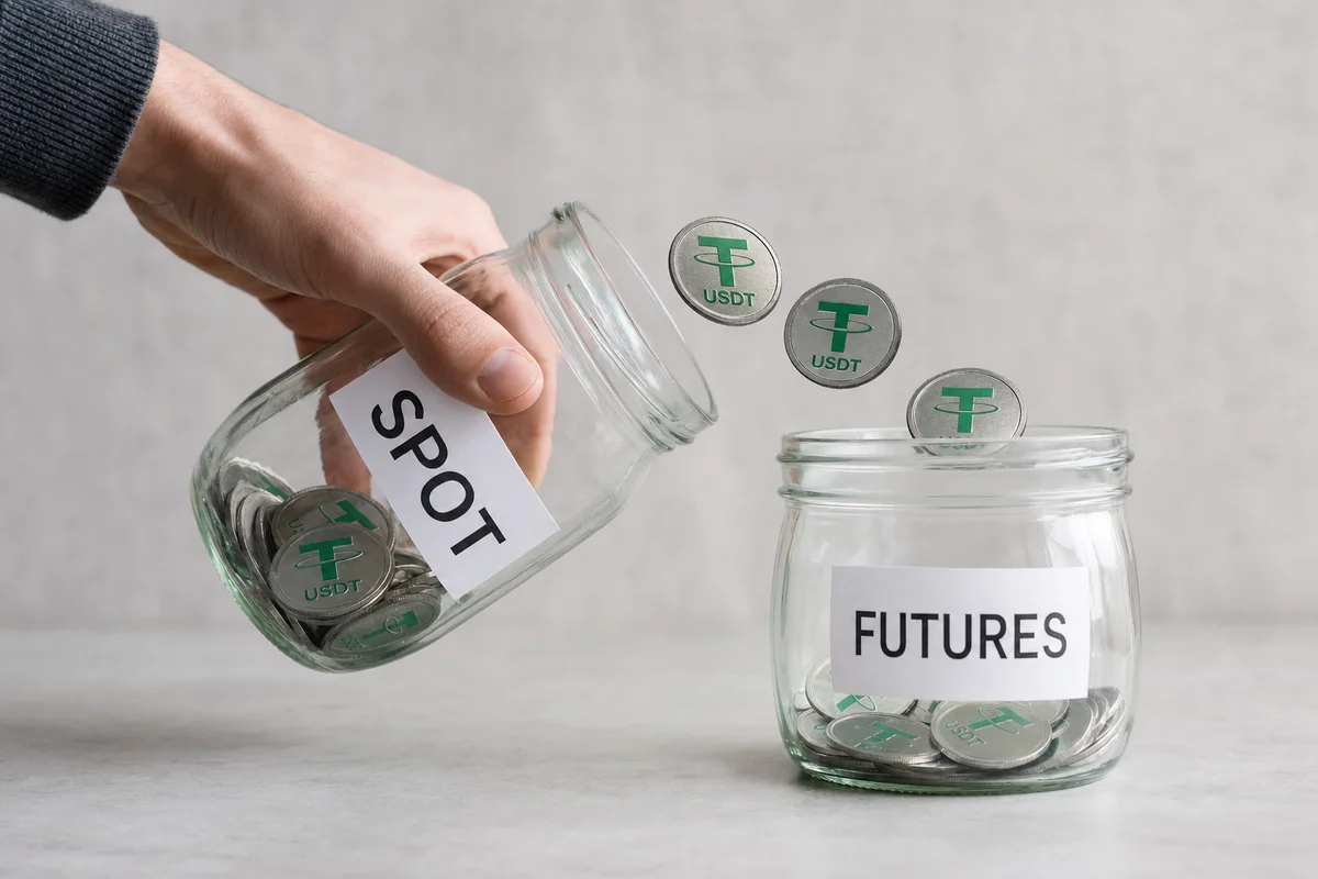 Две стеклянные банки с подписями SPOT и FUTURES, монеты USDT пересыпаются из одной в другую