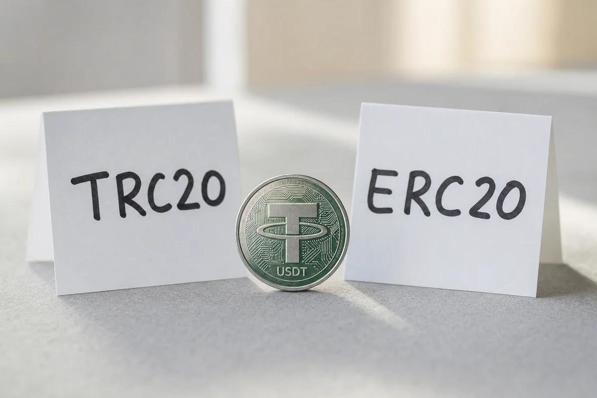 Две карточки с надписями TRC20 и ERC20 и монета USDT между ними