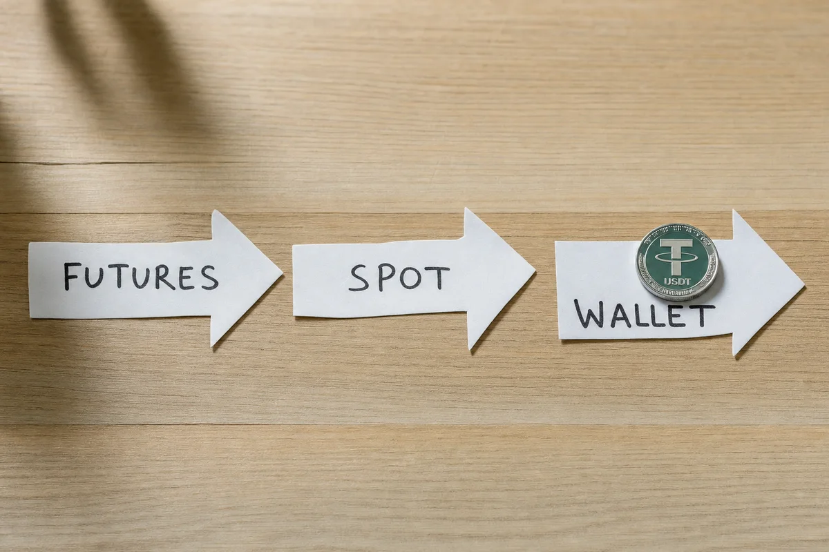 Три бумажные стрелки с надписями FUTURES, SPOT и WALLET и монета USDT на последней