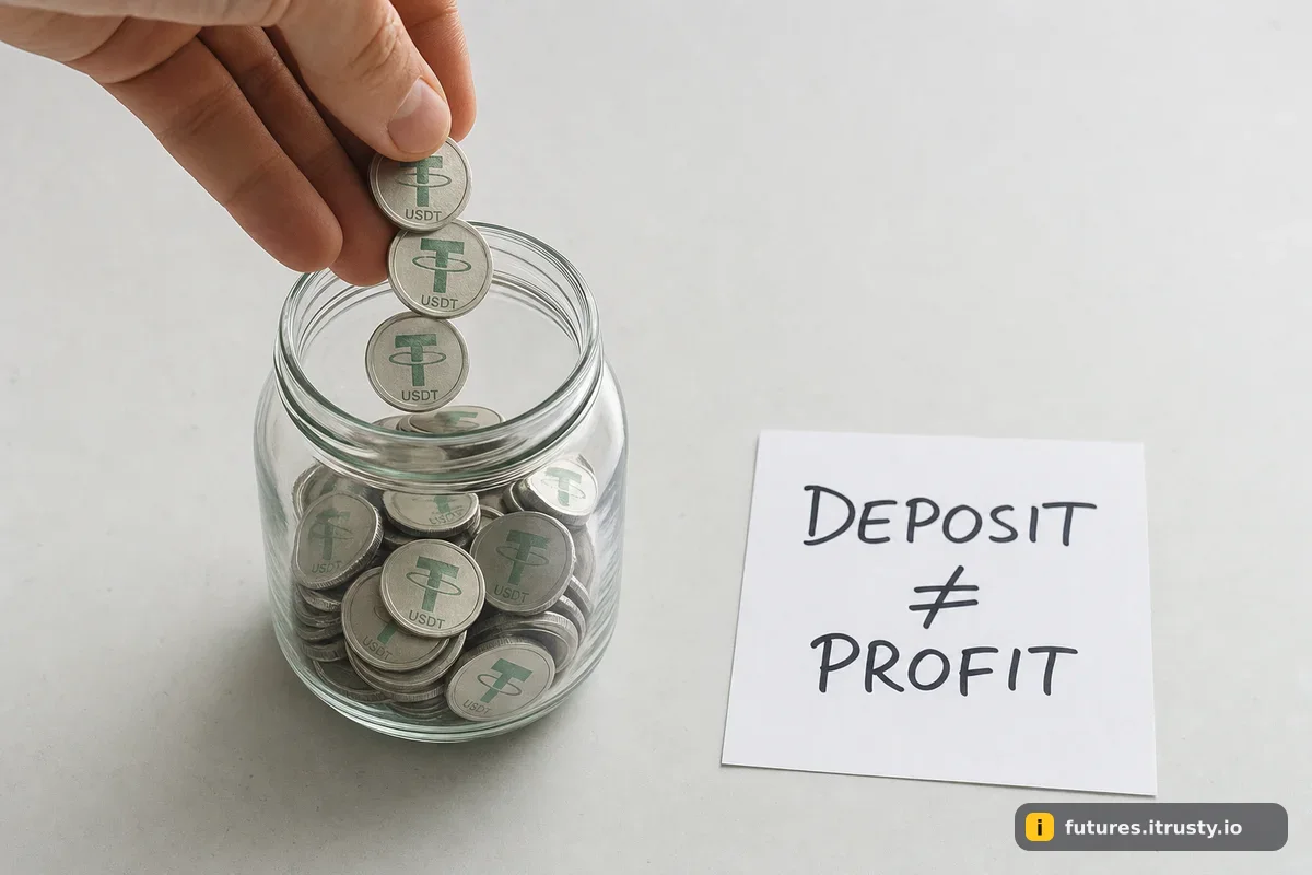 Рука досыпает монеты USDT в банку, рядом записка DEPOSIT ≠ PROFIT