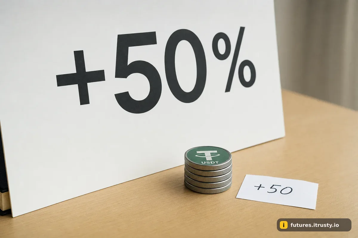 Большая табличка с надписью +50% и рядом маленькая стопка монет USDT