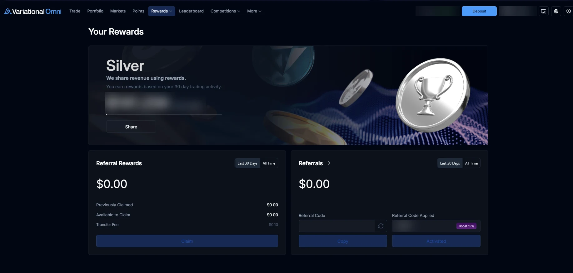 Страница Your Rewards в Variational Omni: уровень Silver, блоки Referral Rewards и Referrals, поле Referral Code и применённый реферальный код с отметкой Boost 15%
