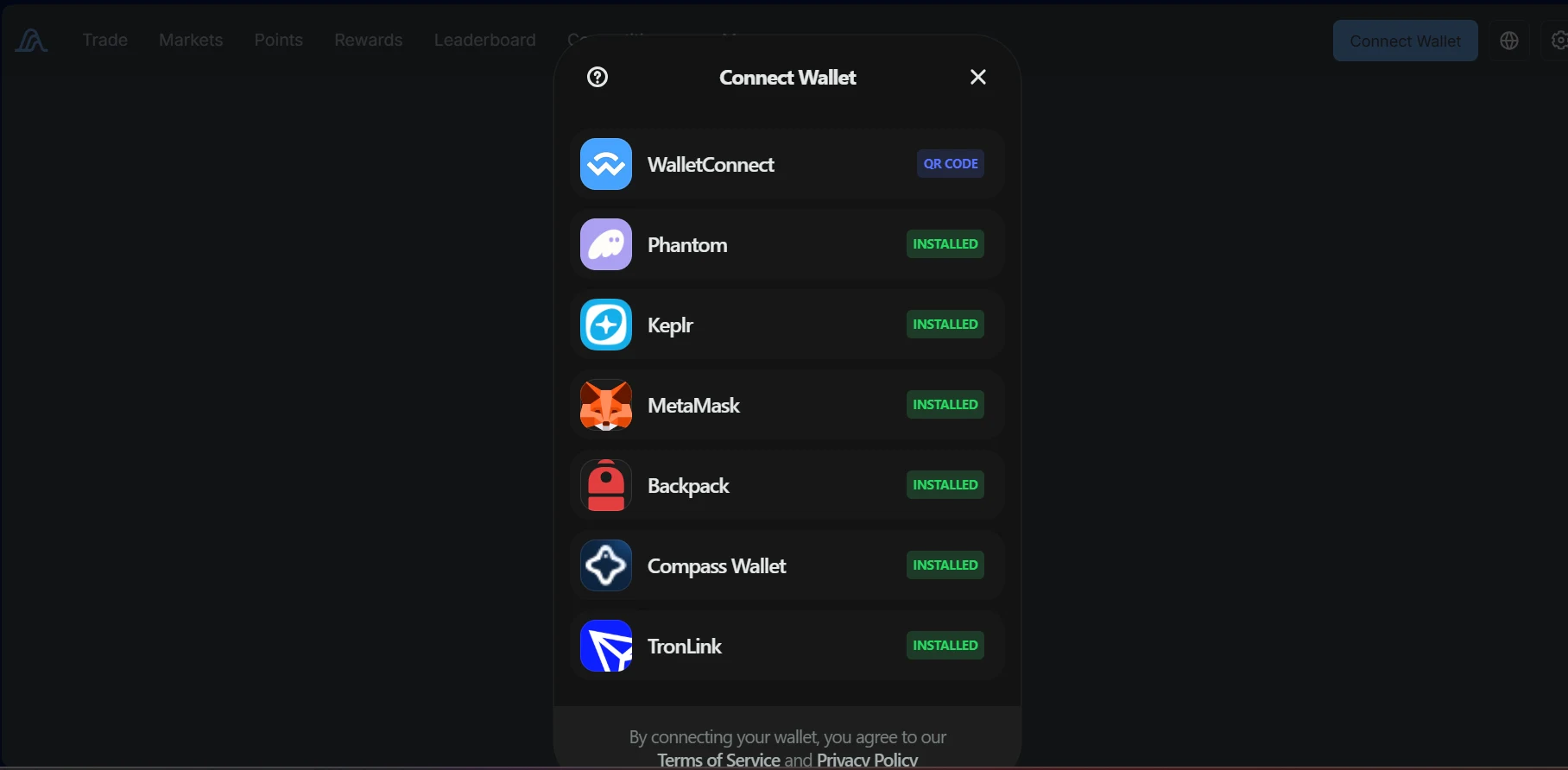 Окно Connect Wallet в Variational Omni со списком кошельков: WalletConnect с QR-кодом и установленные в браузере кошельки